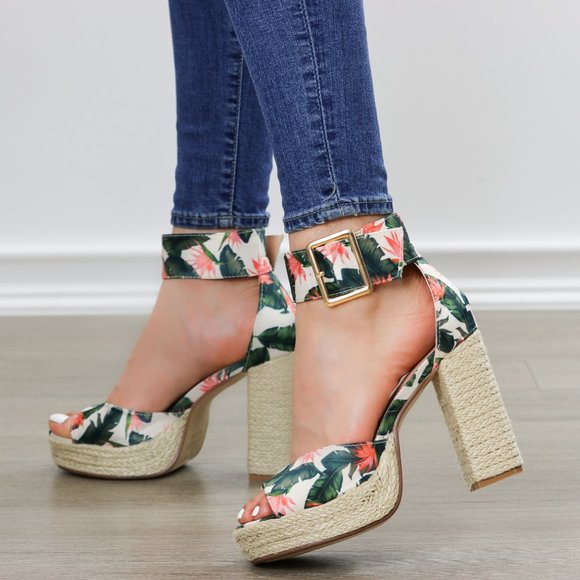 Shoes - Floral Print Platform Espadrilles, Ankle Buckle